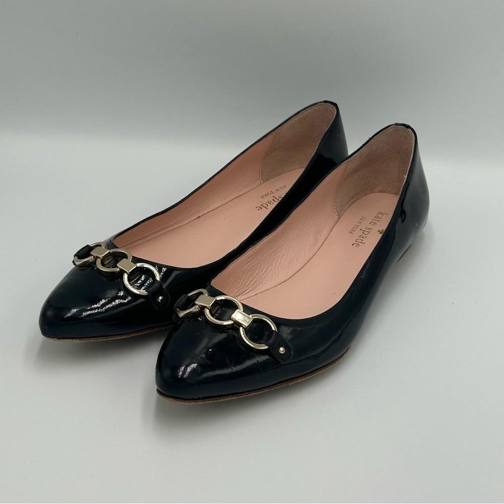 Kate Spade Black Patent Leather Ballet Shoes Sz 6.5 Gold Women’s - Picture 1 of 10